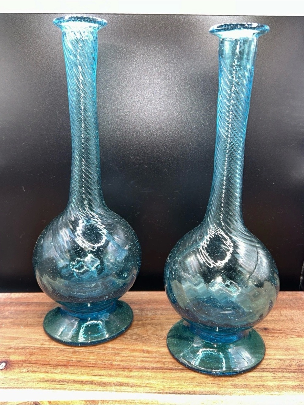 Vintage Blue Art Glass Bud Vases Pair Twisted Neck Mid Century Modern Blue